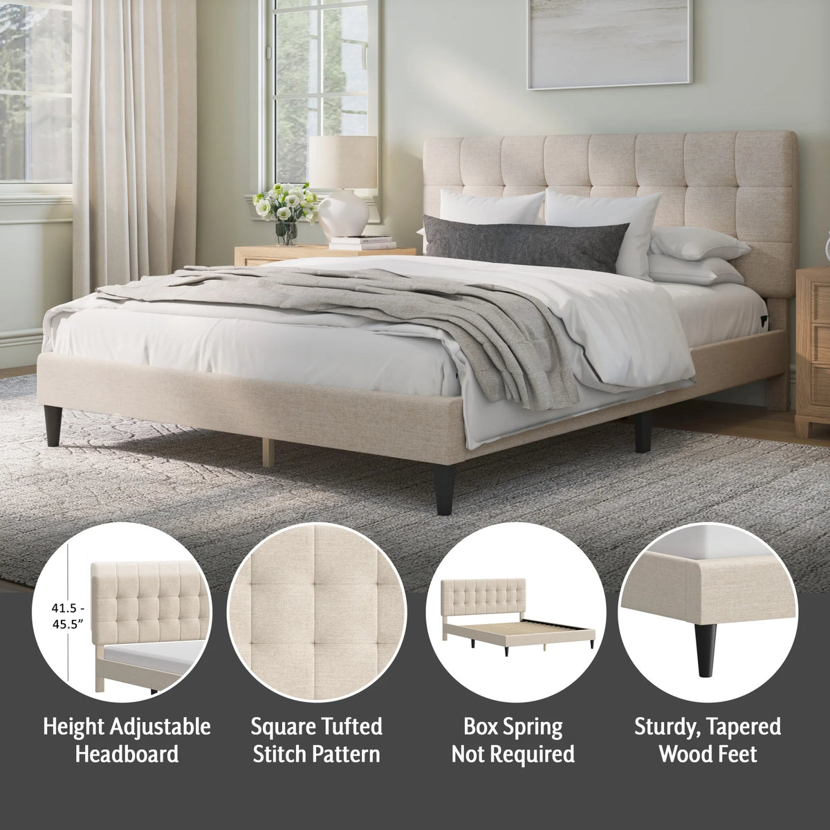 Mainstays Hillside Square Tufted Upholstered Full Platform Bed, Ivory Fabric