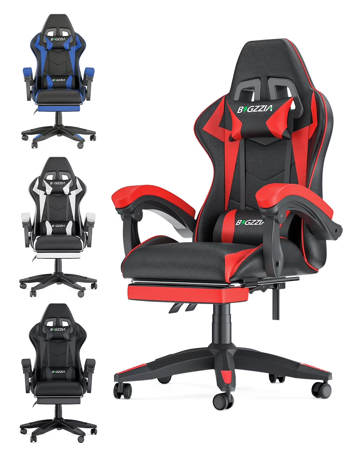 Bigzzia Gaming Chair Pu Leather Office Chair with Ergonomic Lumbar Pillow, Reclining Racing Game Chair Backrest and Seat Height Adjustable Swivel Recliner,Esports Chair with Headrest,Blue