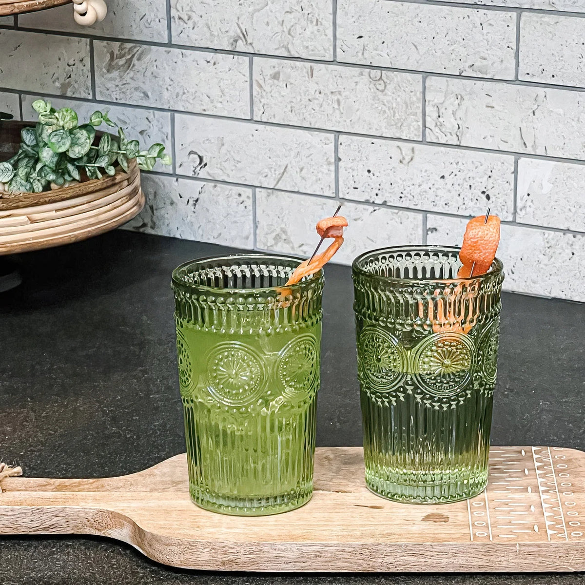 Vintage Textured Amber Striped Drinking Glasses Set of 24, (13 oz) Ribbed Glassware with Flower Design | Cocktail Set, Juice Glass, Water Tumbler