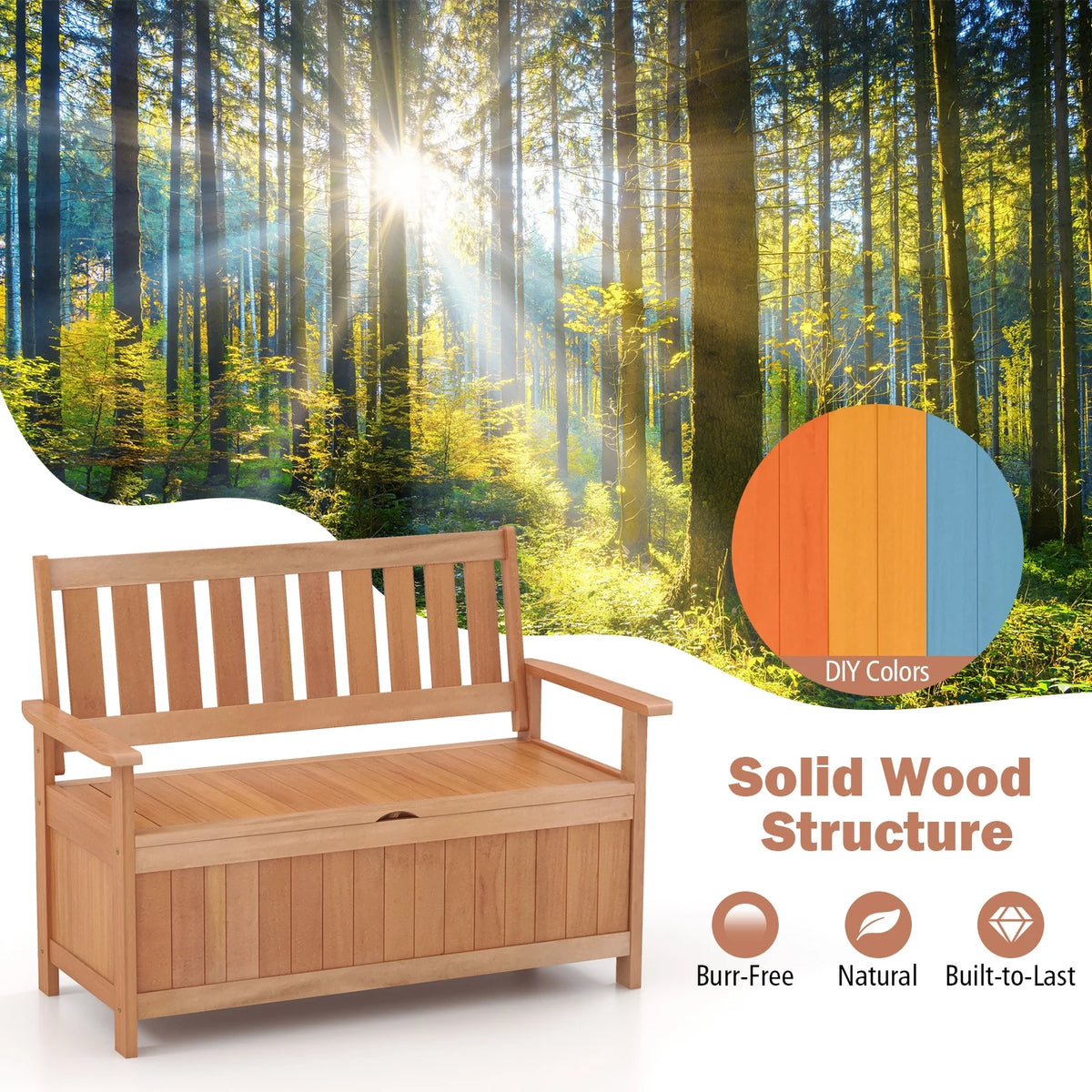 Gymax 48'' Storage Bench Wood Loveseat w/ Slatted Backrest for Backyard Patio