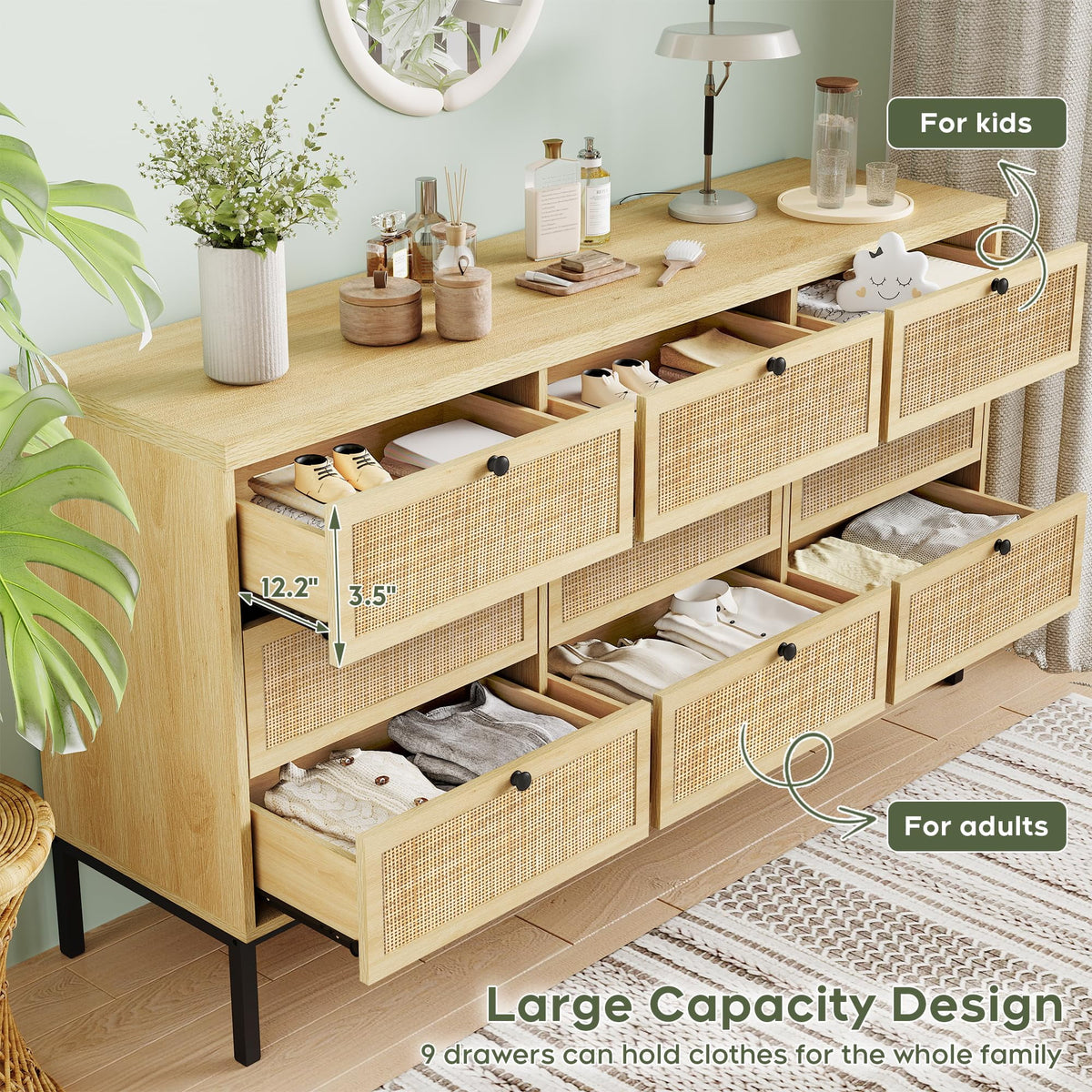 Brafabhome Rattan 6 Drawers Dresser for Bedroom, Vintage Boho Double Dresser Wicker Chest with Wooden Legs for Living Room Hallway| Mint