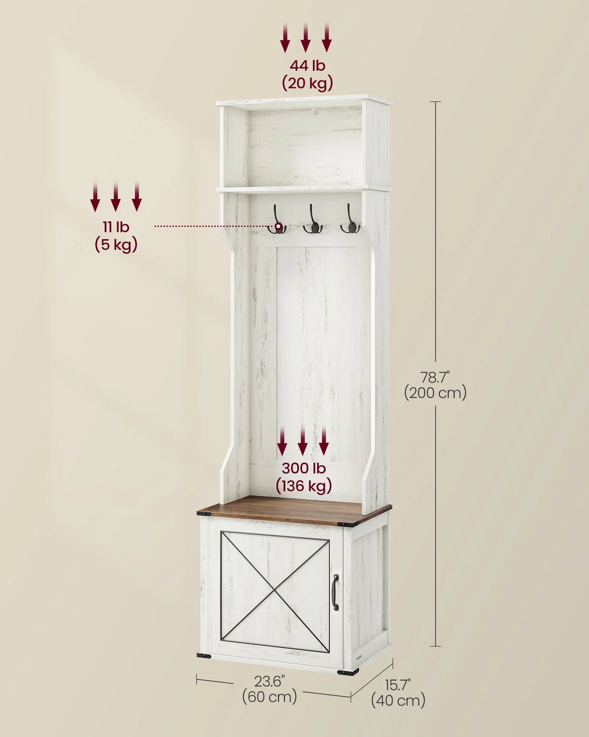 Farmhouse-Inspired Entryway Organizer, Triple Hooks & Built-In Shoe Bench, Hall Tree Entryway Bench for Mudroom & Foyer, Space-Saving Coat Rack with Storage Cabinet, Rustic White and Honey Brown