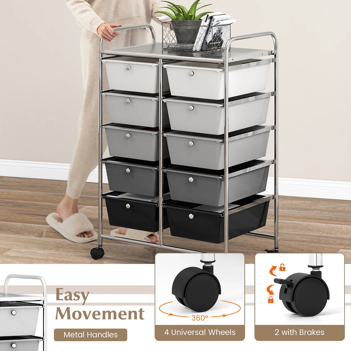 Gymax 10-Drawer Rolling Storage Cart Tools Scrapbook Paper Organizer on Wheels Black Gradient