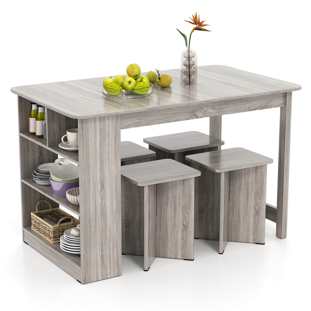 Costway 5 PCS Dining Table Set with Storage Shelf Rectangular Kitchen Table with 4 Stools Beige
