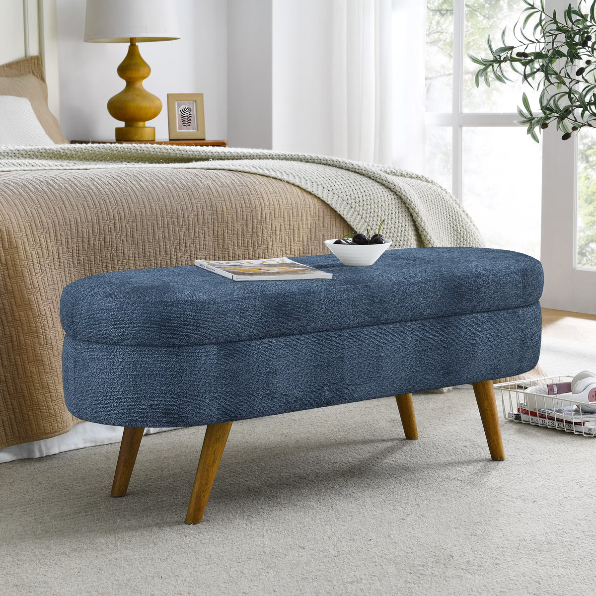Furniliving Modern Upholstered Button Tufted Storage Ottoman Entryway Bench, Ivory