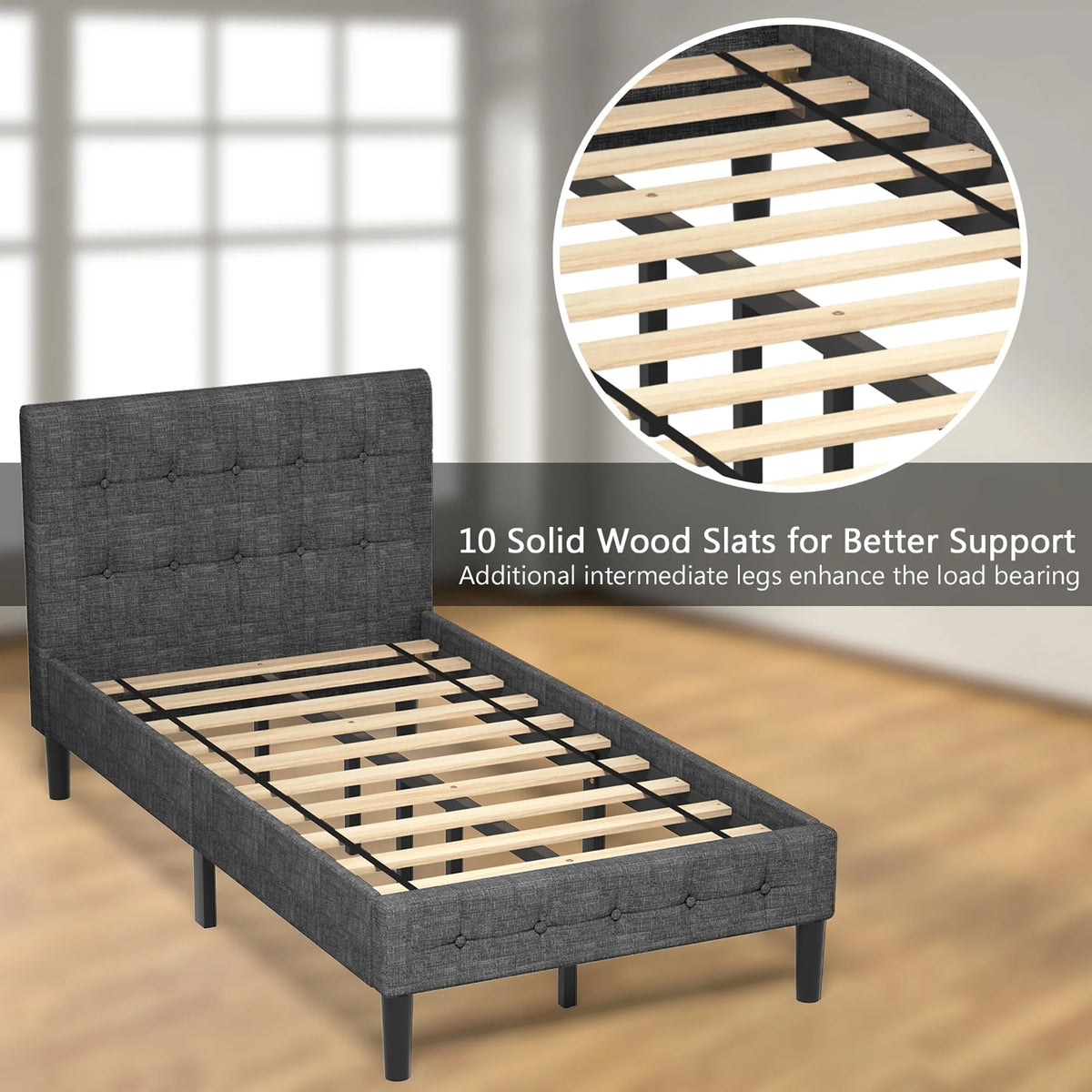 Costway Twin Upholstered Bed Frame Button Tufted Headboard Mattress Foundation Grey