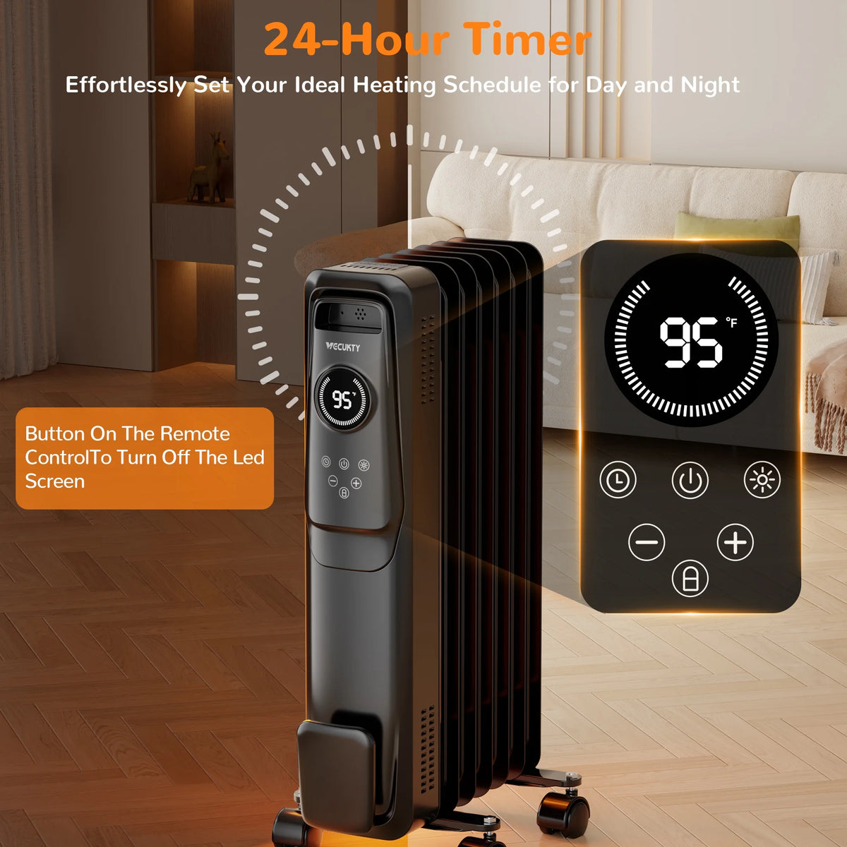 VECUKTY 1500W Oil Radiator Heater, Electric Oil Filled Space Heater Radiator with Remote Control,Child Lock,3 Modes,Overheat & Tip-Over Protection��24h Timer Digital Thermostat,Black