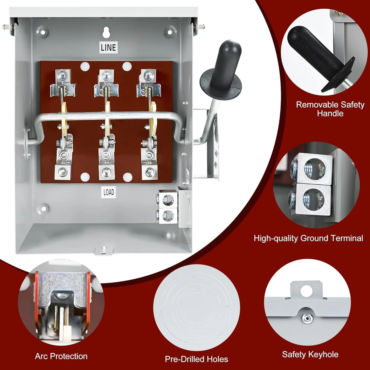 200-Amp, 3 Pole 120V/240V General Safety Switch, Non-Fused AC Disconnect Switch Box, Outdoor&Indoor, NEMA-3R Enclosure, Anti Corrosion and Rust Prevention with Ground Kit