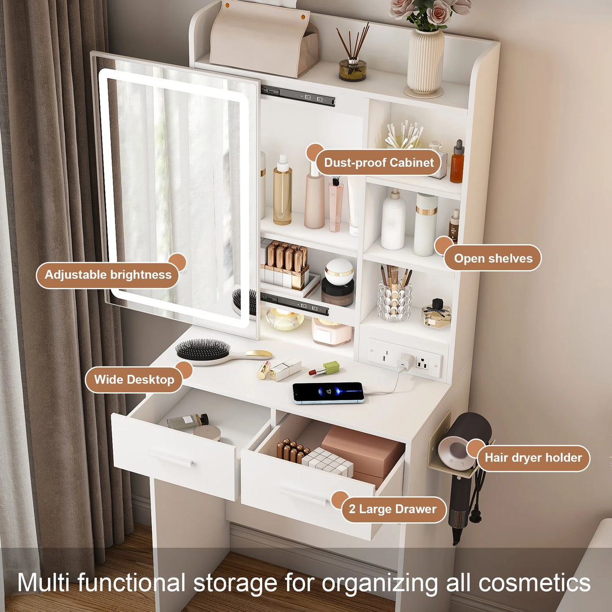 Aukfa Makeup Vanity Set with Power Outlet, Mirror & Adjustable LED Lights for Small Bedroom,White