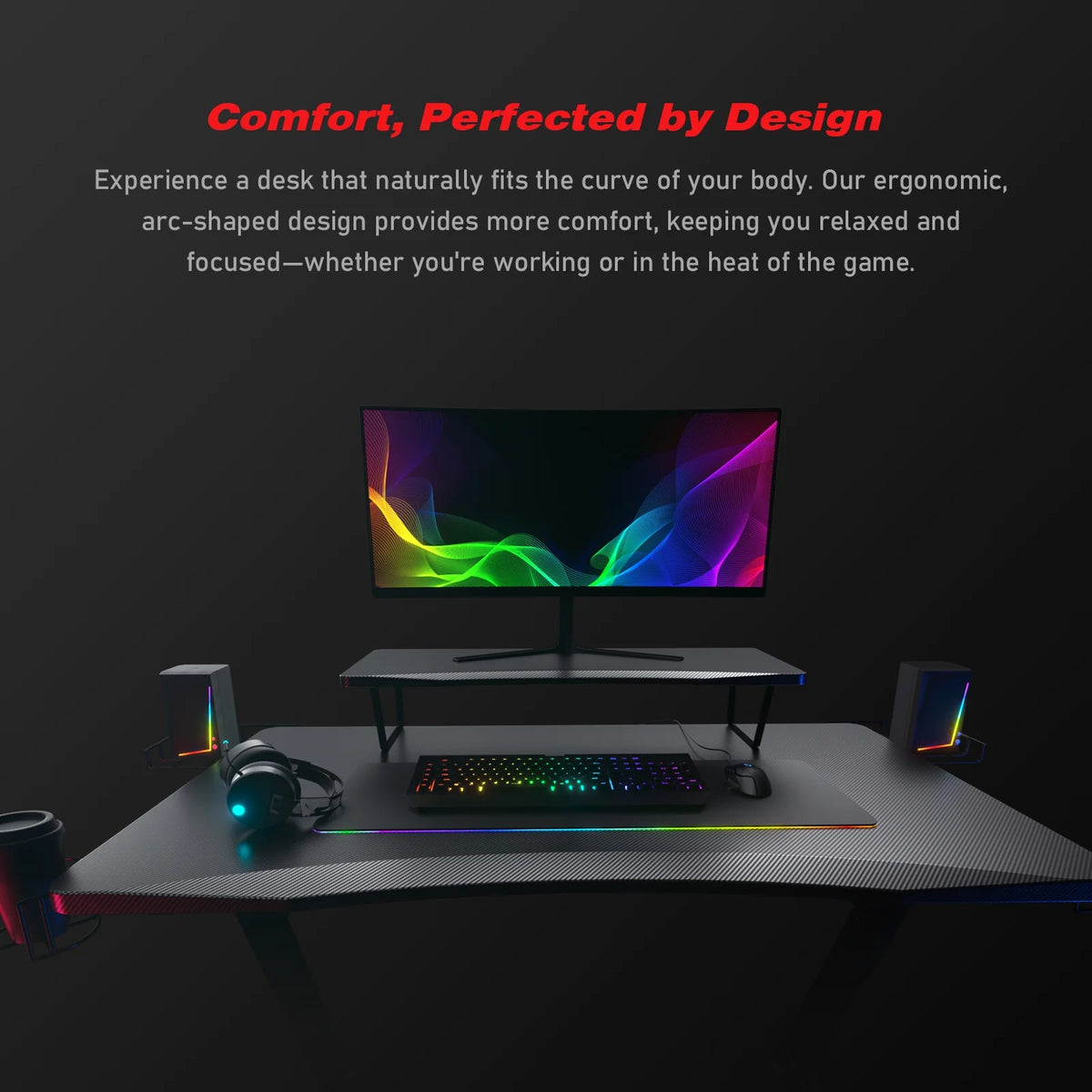 GTRACING Ergonomic Curved 3-Sided LED Z-Leg Gaming Desk, Black