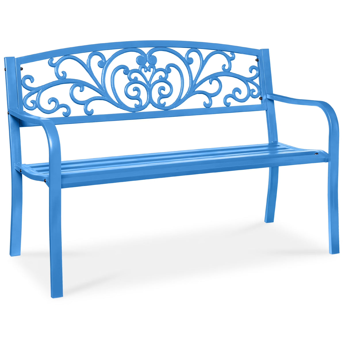 Best Choice Products Outdoor Steel Bench Garden Patio Porch Furniture w/ Floral Design Backrest - Black