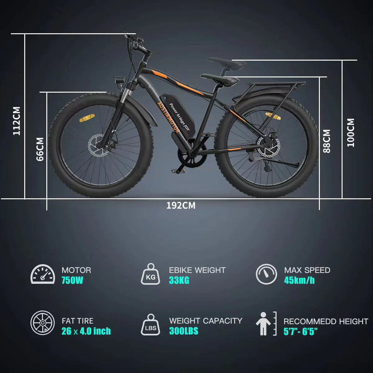Aostirmotor Electric Mountain Bike, 48V 13AH Removable Lithium Battery 750W Ebike with Rack, 26" 4.0 inch Fat Tire Bike, Electric Bicycle for Adults(Black)