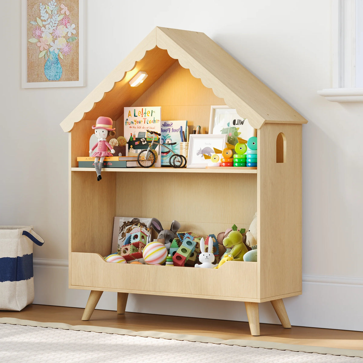 Curipeer 2-Tier Kids Bookshelf, Toy Storage Organizer with Motion-Activated Light, White