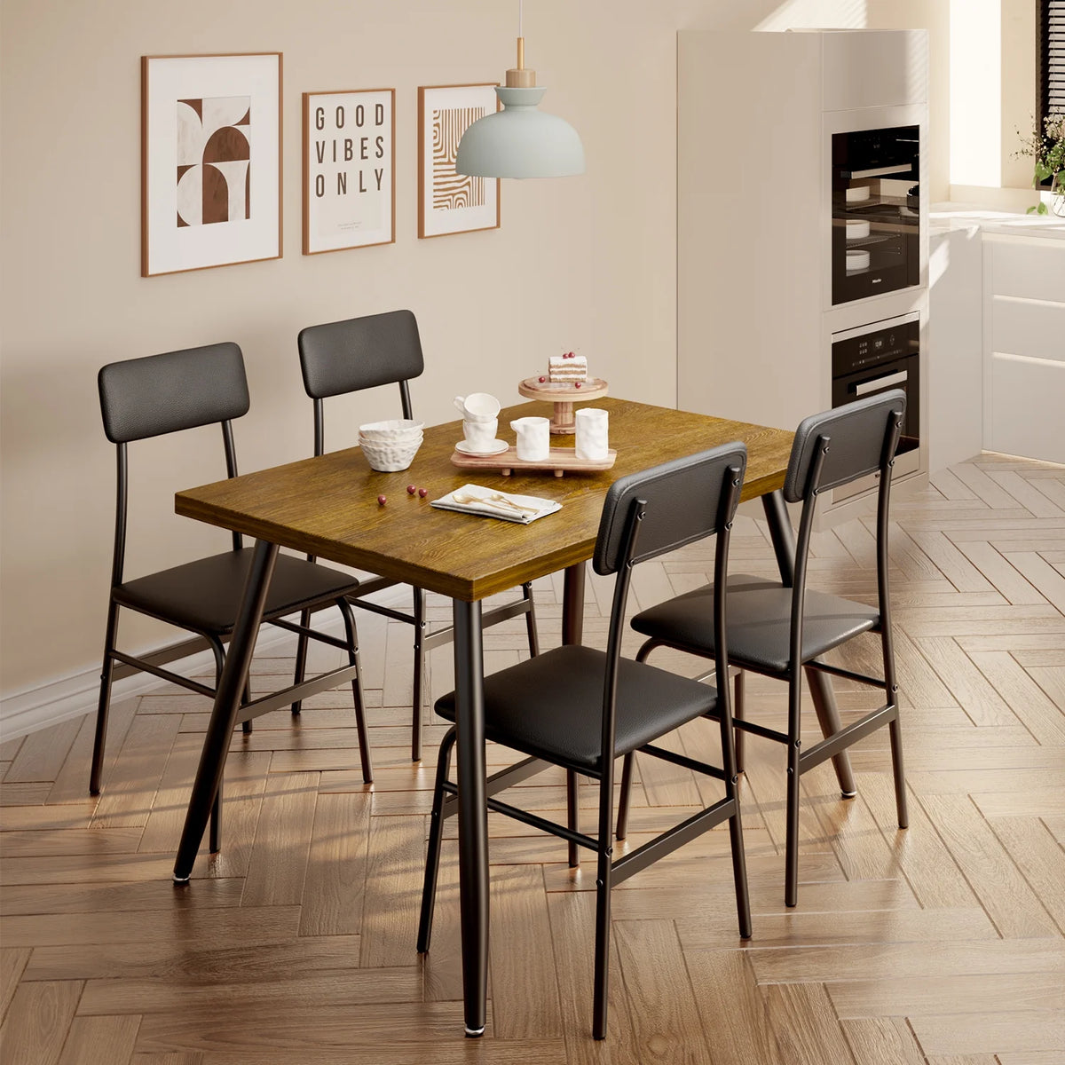 Aiho 5-Piece Modern Dining Set, Metal & Wood Table & 4 Chairs, Space-Saving for Small Spaces & Apartments, Retro