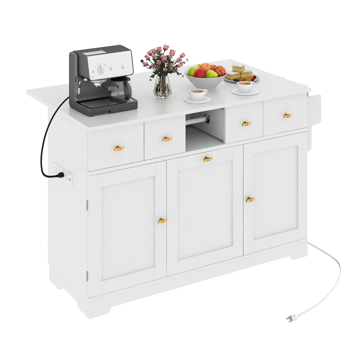 Craftian Kitchen Island with Drop Leaf & Power Outlets, Kitchen Cart with Trash Storage, White