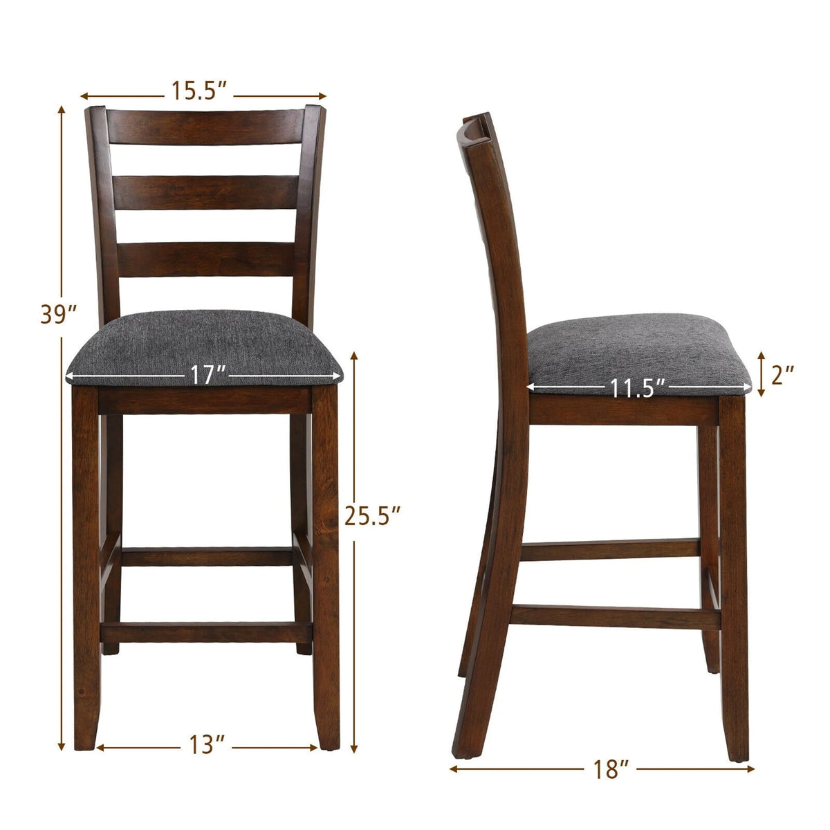 Gymax Set of 2 Barstools Counter Height Chairs w/Fabric Seat & Rubber Wood Legs