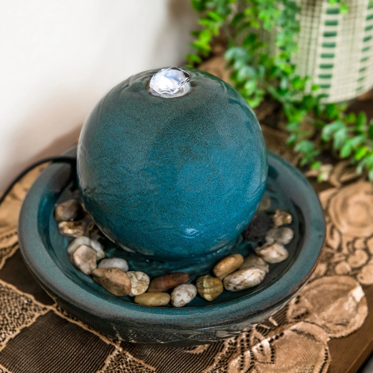 Sunnydaze Modern Teal Ceramic Tabletop Water Fountain with Orb