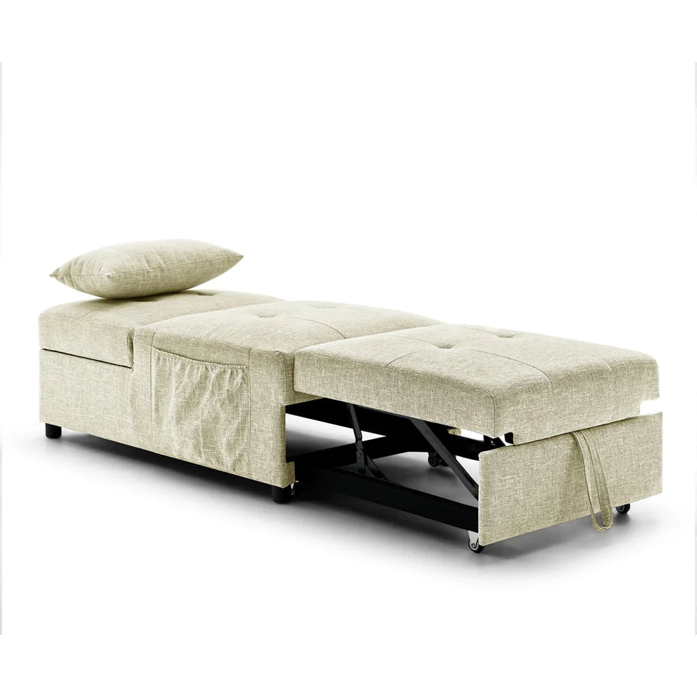 Ottoman Sofa Bed, 4 in 1 Multi-Function Folding Sleeper Couch Bed with Large Pockets and Pillow, Modern Convertible Chaise Lounge Chair with Adjustable Backrest for Living Room Small Apartment, Beige