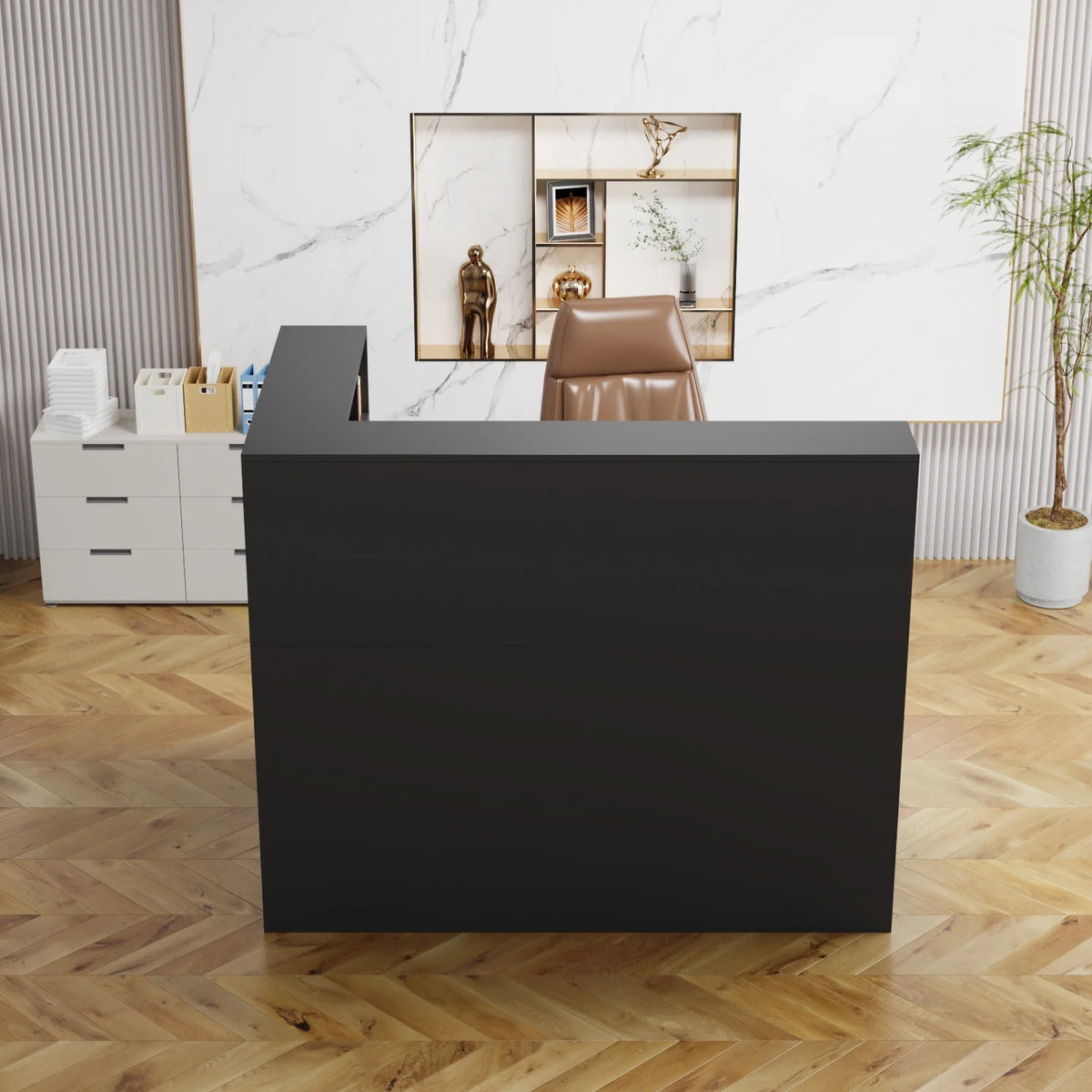 MONSLIPA L-Shape Wood Reception Desk with , Register Stand Reception Center Desk, White