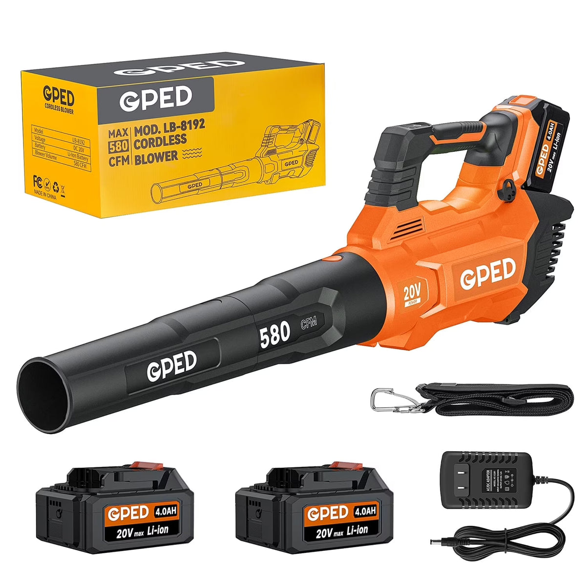 GPED Leaf Blower, 3 Speed Adjustment Electric Cordless Leaf Blower with 2 x 4.0Ah Batteries, Charger, Shoulder Strap, 580CFM/160MPH, Ideal for Patio Cleaning, Lawn Care, Blowing Leaves, Green