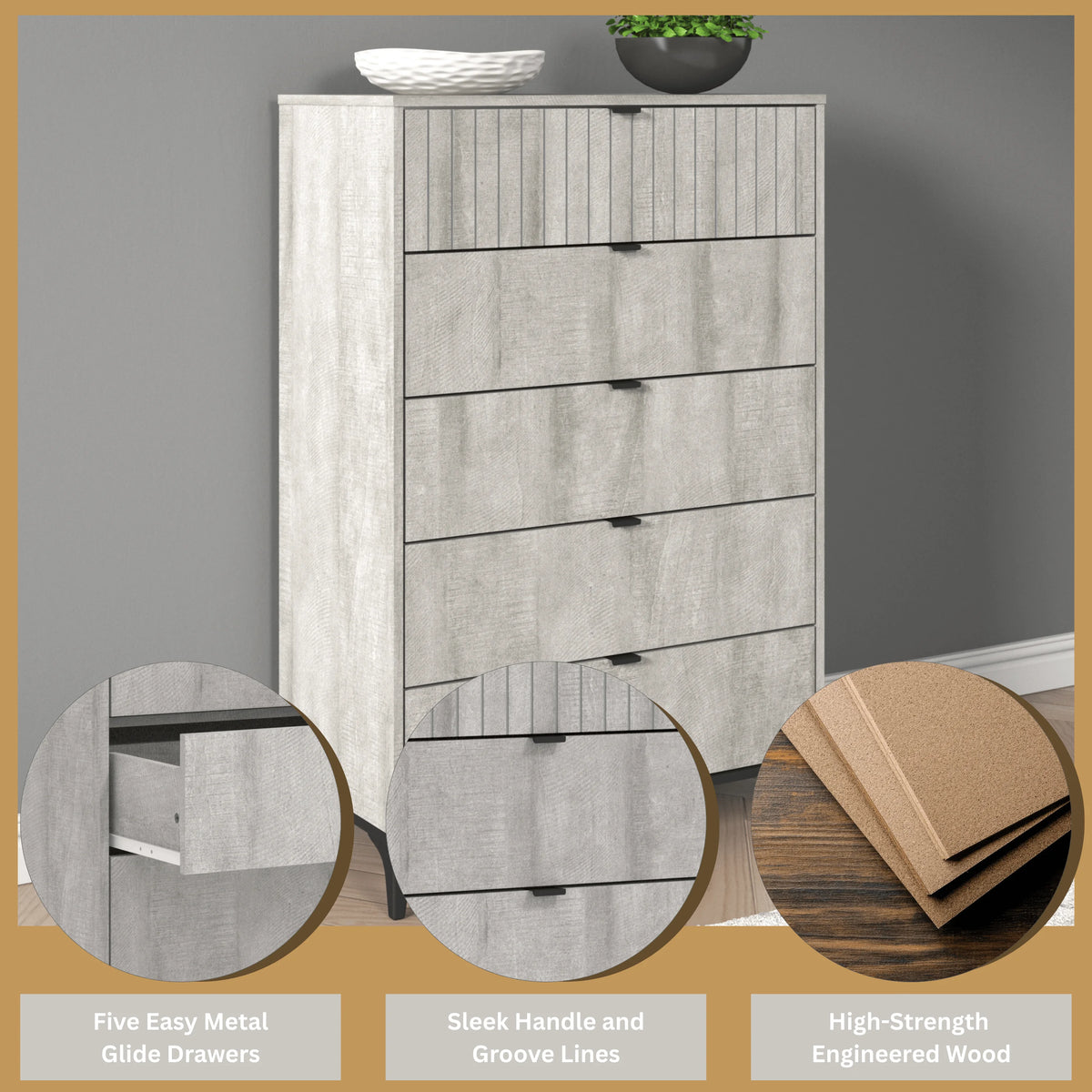 Galano Zaffy 5 Drawer Dressers for bedroom , Dusty Grey Oak