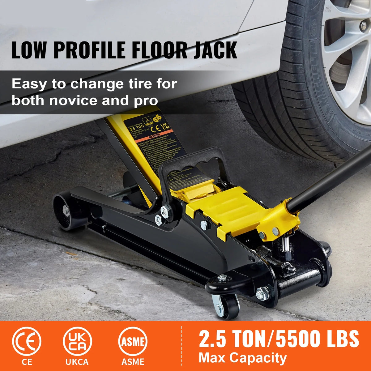 KFFKFF Low Profile Floor Jack,2.5 Ton(5500 lbs) Slim Profile, Durable Steel Racing Lift with Single Piston Pump, Range 3.35"-14.96"��Black+Yellow