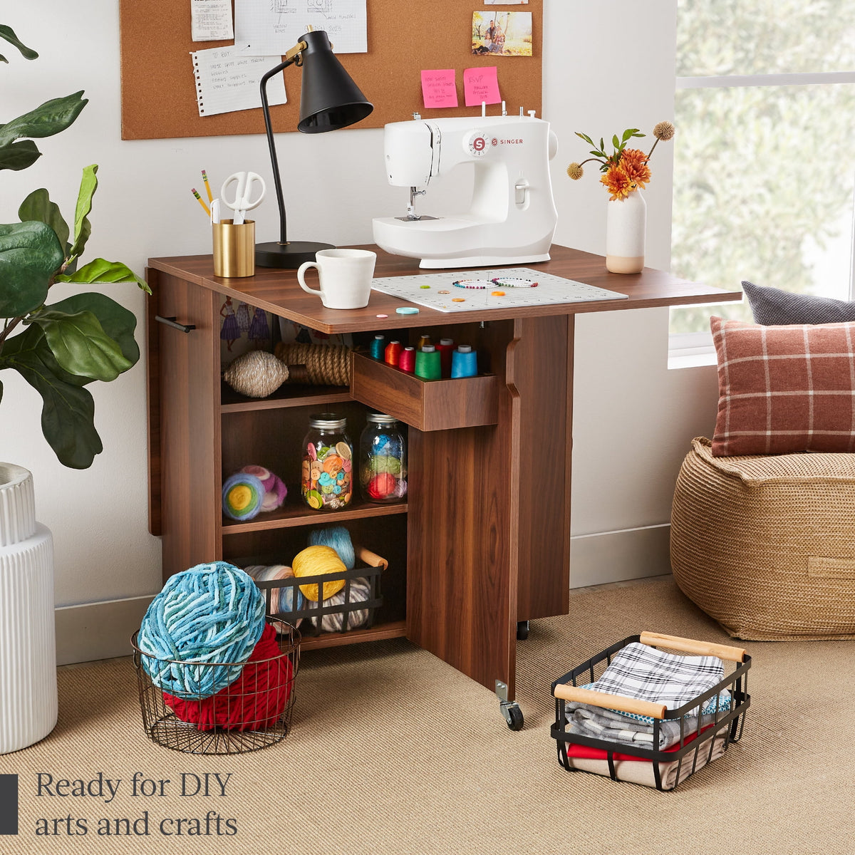 Best Choice Products Multipurpose Folding Table w/ Wheels, 3 Storage Shelves, Cubby, Handle - Brown