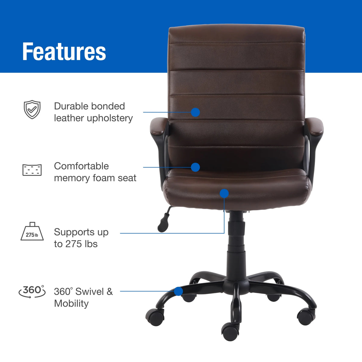 Mainstays Bonded Leather Mid-Back Manager's Office Chair, Gray, Adult