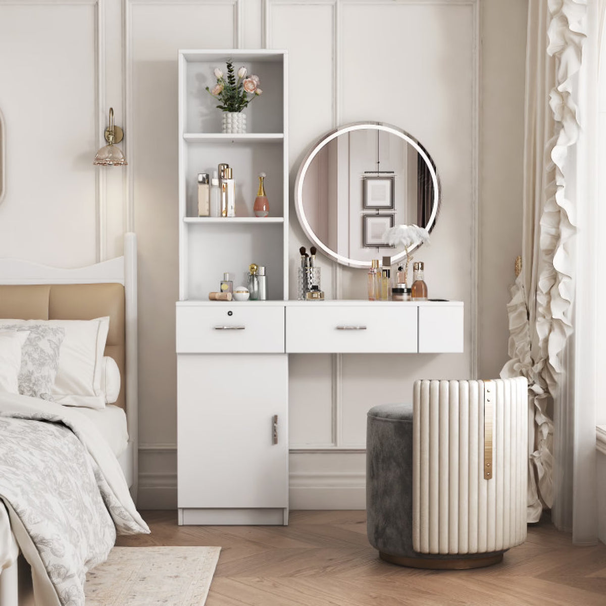 Modern Vanity Desk with Lights Makeup Vanity Dressing with Mirror Large Storage Space White