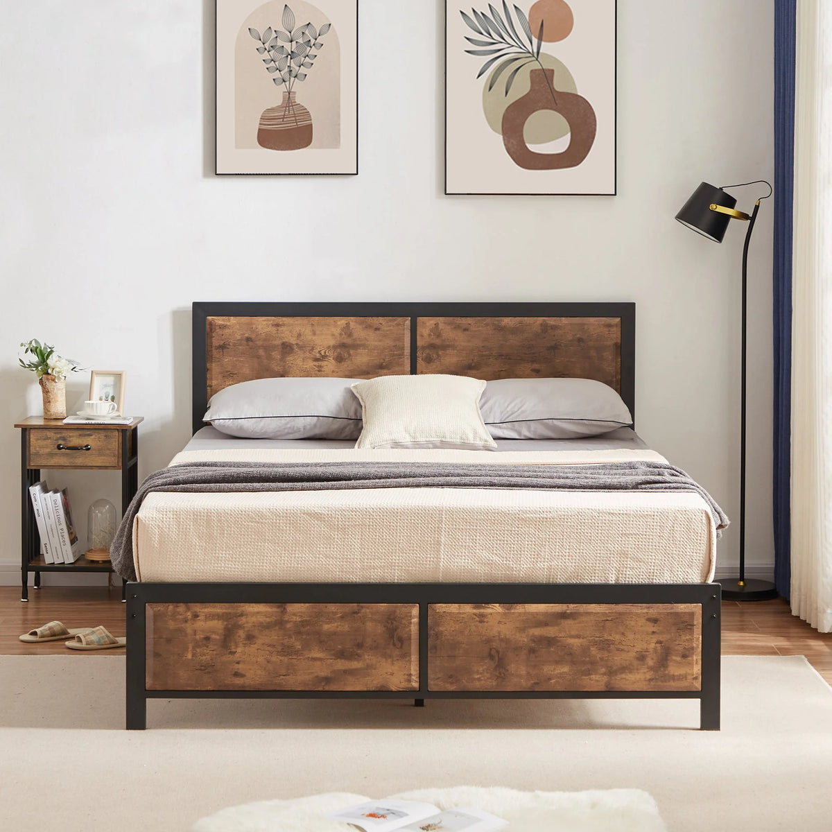 VECELO 3-Piece Bedroom Set with Twin Size Bed Frame and 1-Drawer Black Nightstands