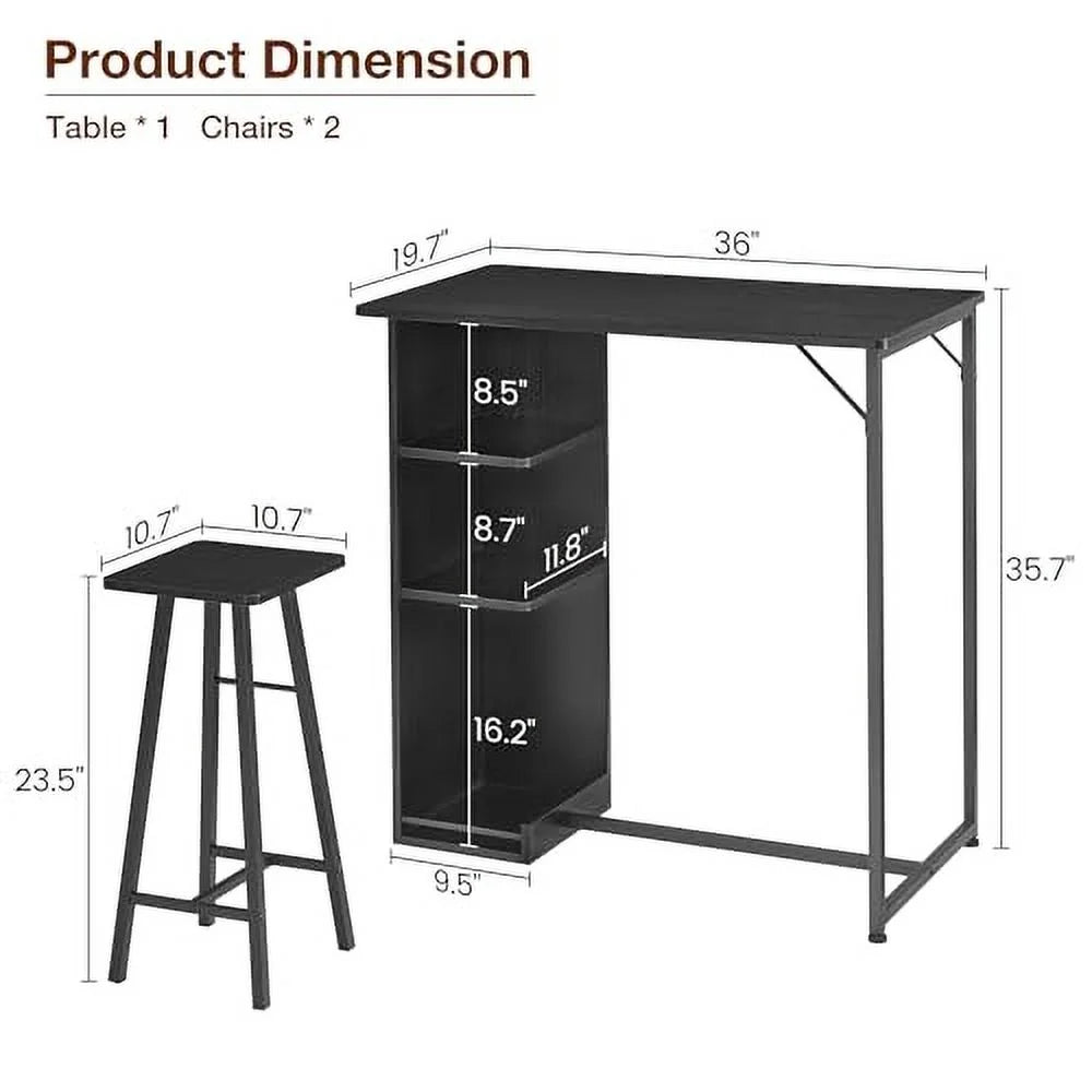 Dining Table Set, Bar Table and Chairs Set, 3-Piece Bar Table Set with Storage Drawer & Shelf, Steel Frame, Industrial, Rustic Brown, Space Saving Table for Small Apartment