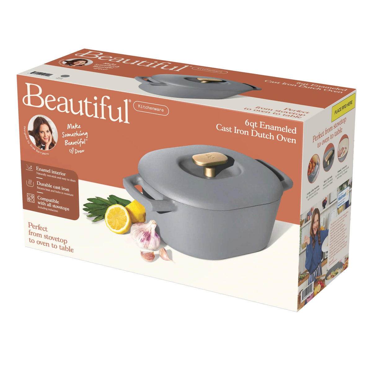 Beautiful 6 Quart Enamel Dutch Oven, Black Sesame by Drew Barrymore