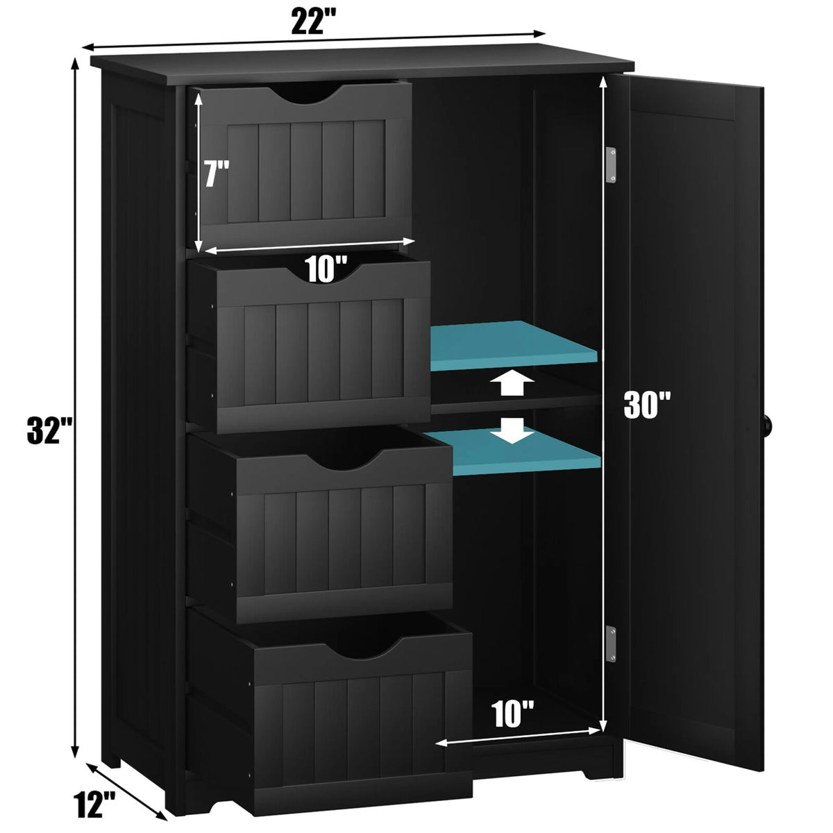 Gymax Bathroom Floor Cabinet Storage Organizer Cupboard w/ 4 Drawers Adjustable Shelf Grey