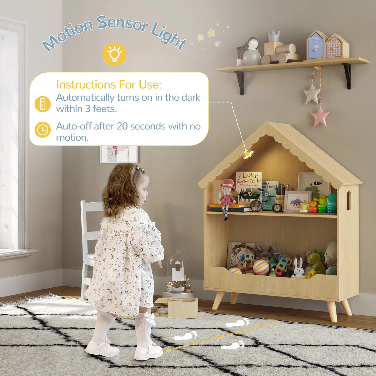 Curipeer 2-Tier Kids Bookshelf, Toy Storage Organizer with Motion-Activated Light, White