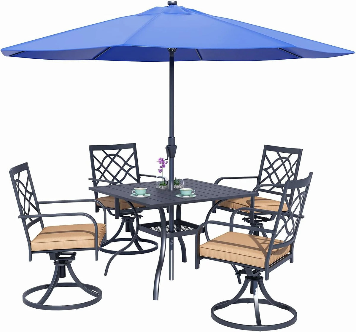 SUNCROWN 5-Piece Outdoor Wrought Iron Chairs and Table Patio Dining Furniture Set - 4 Stackable Metal Chairs, 1 Steel Slat Bistro Table and 1 Sky Blue 9Ft Patio Umbrella for Garden Backyard Deck