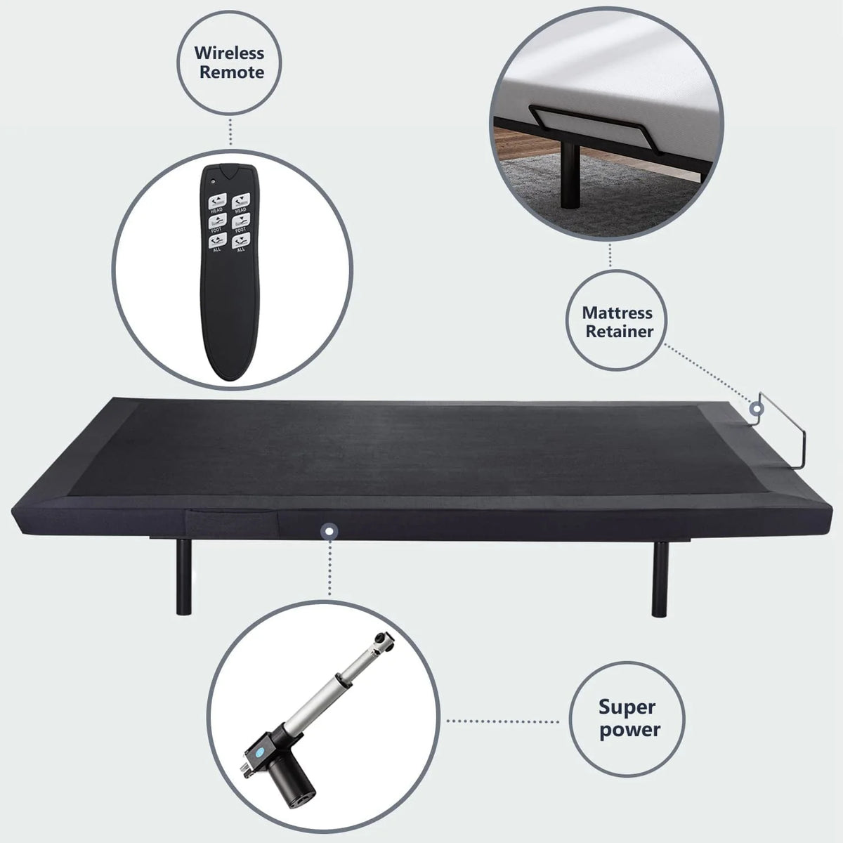 Allewie King Adjustable Bed Base Frame with New Generation Motor, Wireless Remote, Upholstered