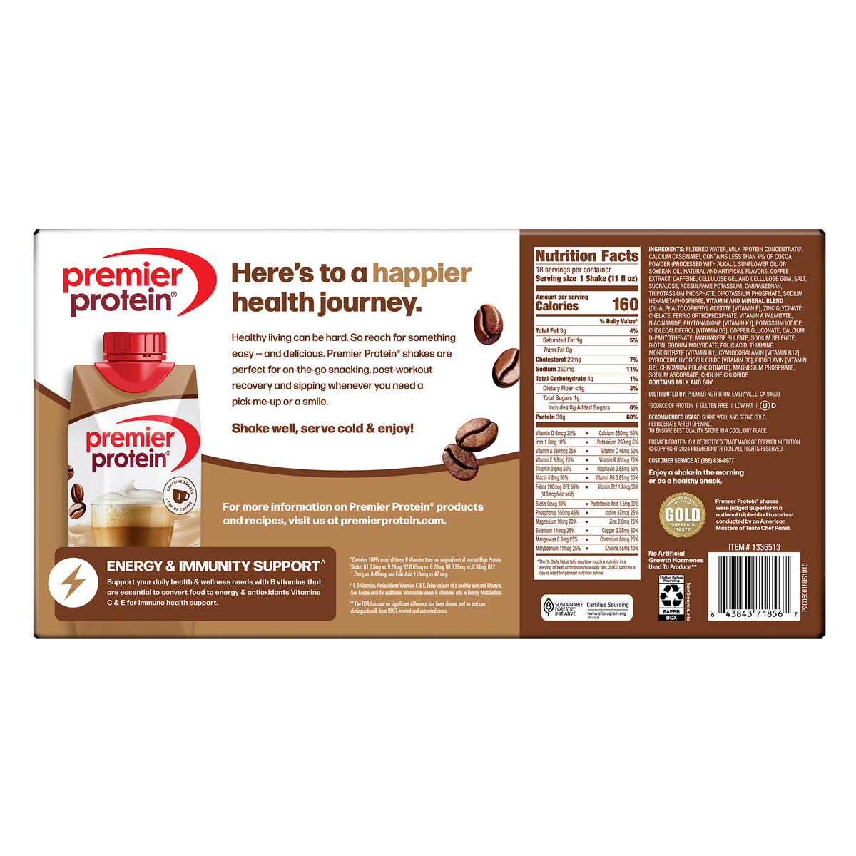 Premier 30g Protein PLUS Energy and Immune Support Shakes, Cafe Latte, 11 fl oz, 18-pack