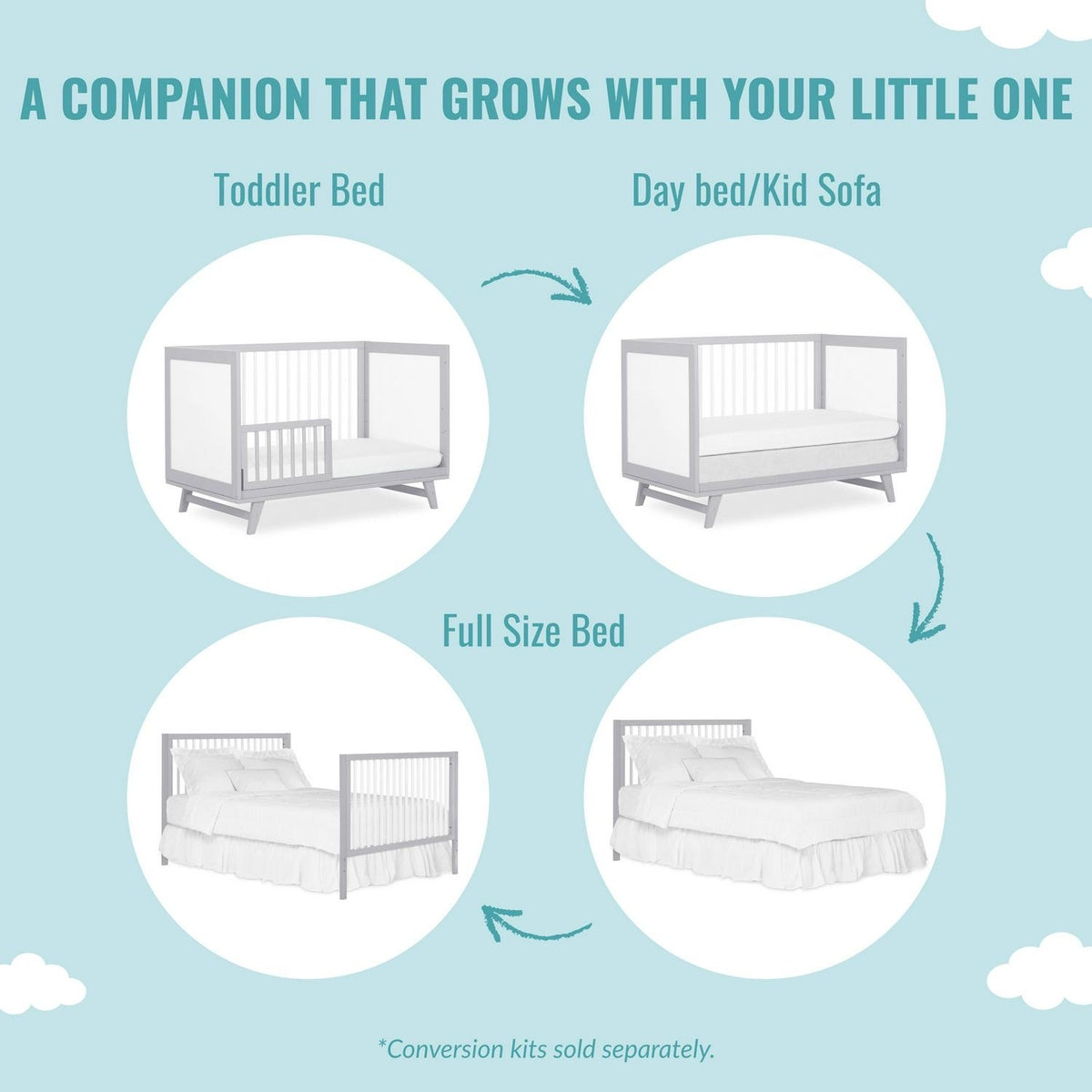 Dream On Me Carter 5-in-1 Full Size Convertible Crib. Grey and White