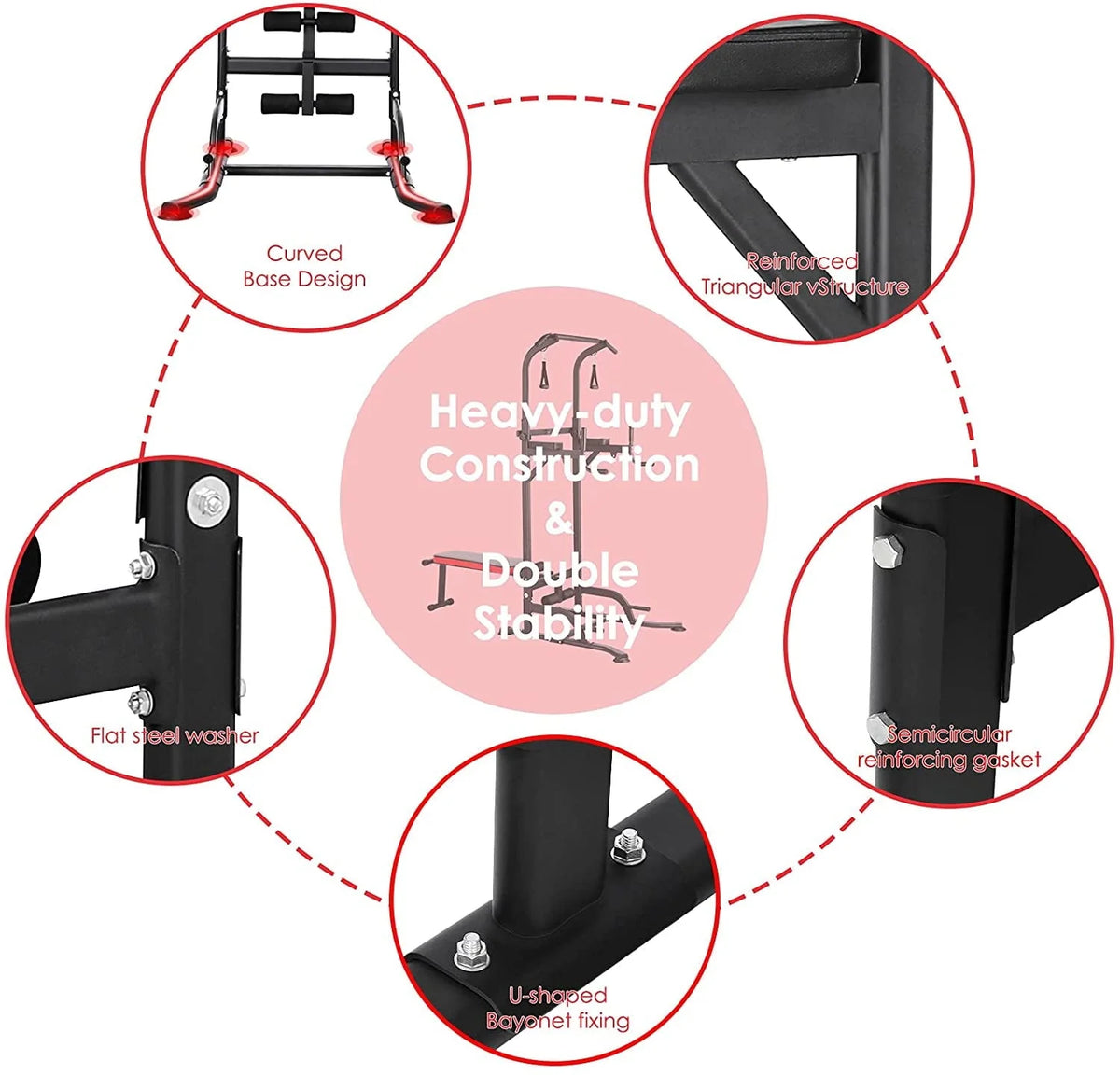 HOMFY Power Tower w/Sit Up Bench, Multifunction Dip Pull Up Bar Station, Heavy Duty Steel Frame w/Pull Rope 400lb