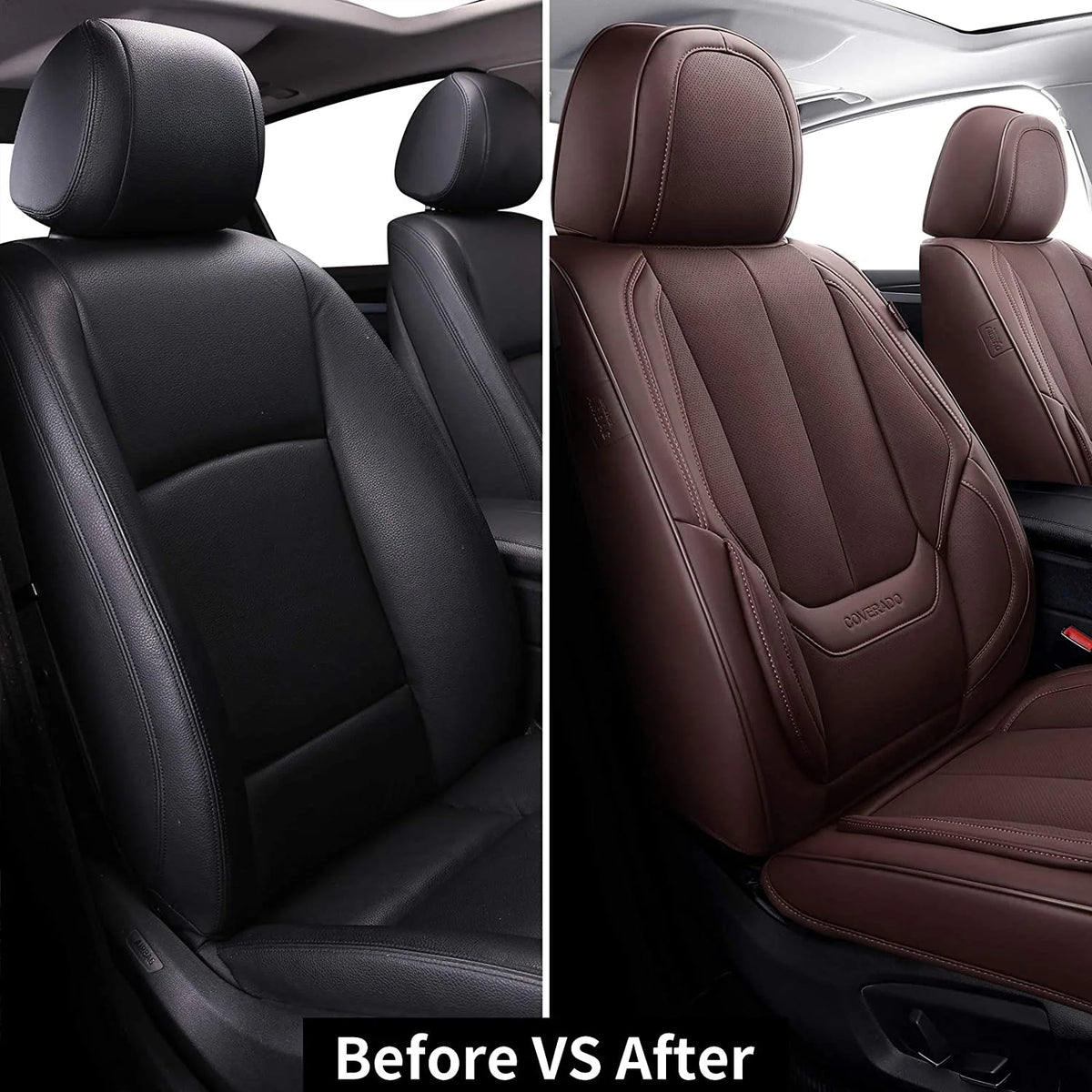 Coverado Black Front Car Seat Covers, Stylish Waterproof Premium Leather Automotive Seat Protectors, Airbag Compatible Auto Interior Accessories Universal Fit for Most Cars SUV Pick-up Trucks