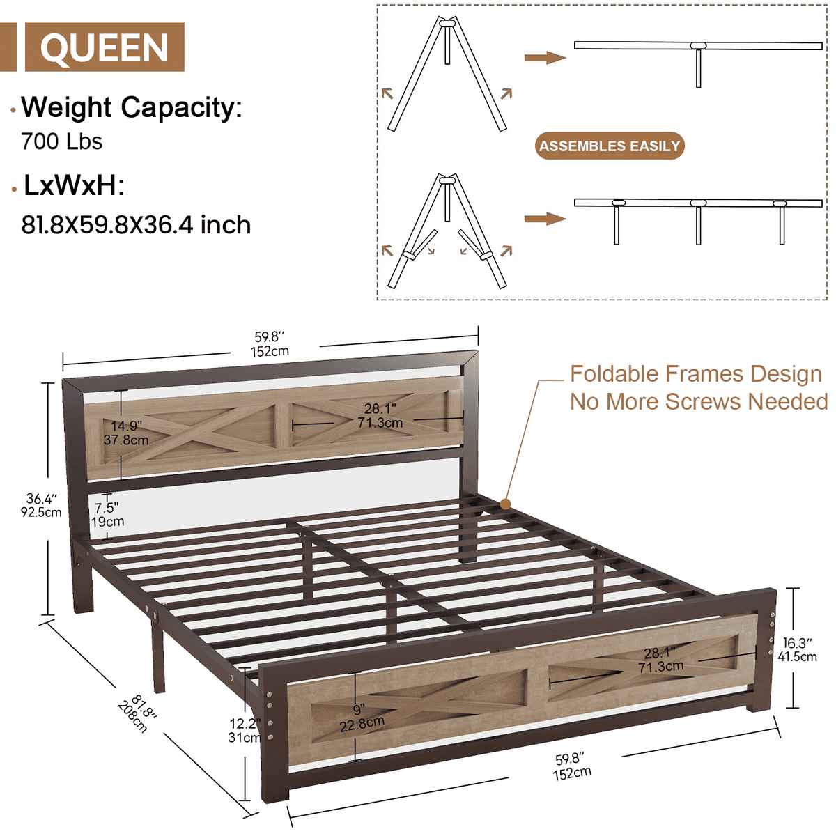 Behost Twin Bed Frame with Headboard and Underbed Storage, Metal Wood Platform Bed Frame Twin, No Box Spring Needed