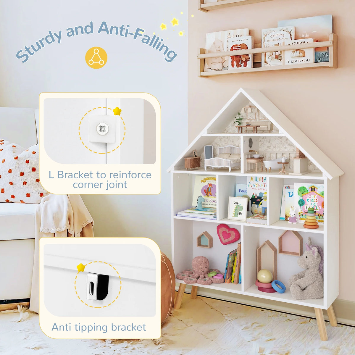 Curipeer 2-Tier Kids Bookshelf, Toy Storage Organizer with Motion-Activated Light, White