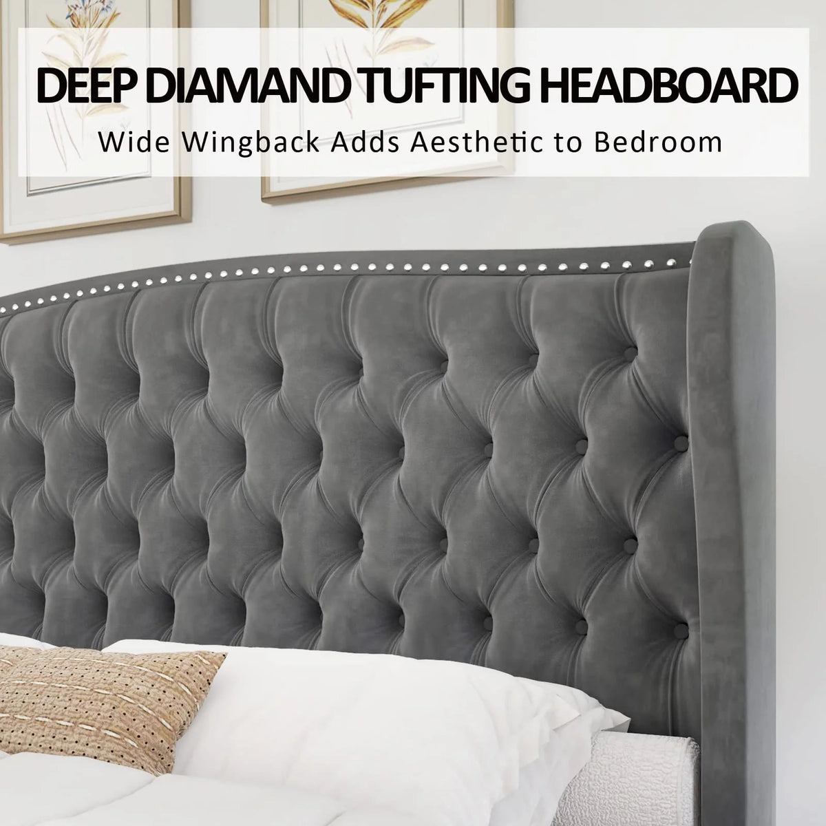 VANACC Queen Size Bed Frame, Velvet Upholstered Bed with Deep Button Tufted Wingback Headboard��Grey