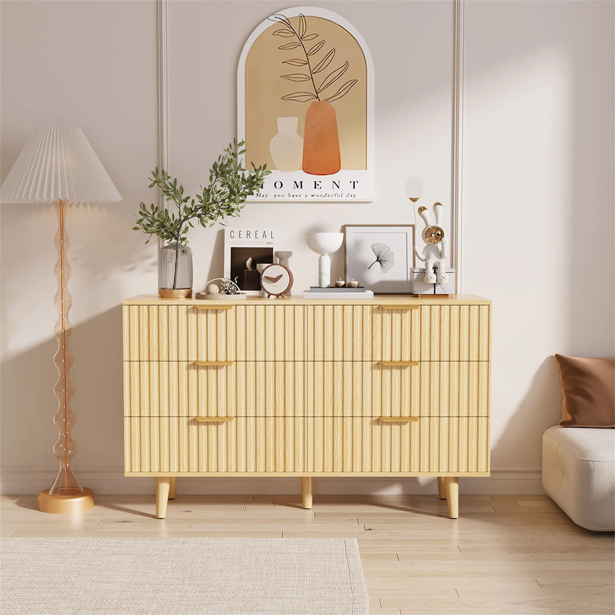 Planntonneo Boho Fluted 6 Drawer Dresser, Wooden Chests for Bedroom