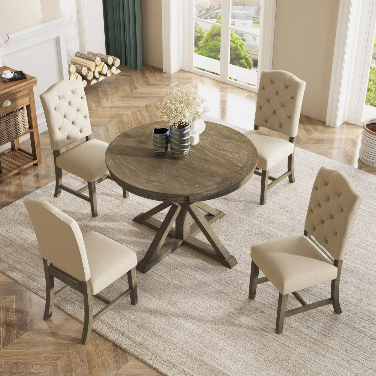 Besthome Farmhouse Extendable Round Kitchen Dining Room Table Set with Upholstered Chairs of 4, 5 Piece Round Dining Table Set with Extendable Table, Espresso