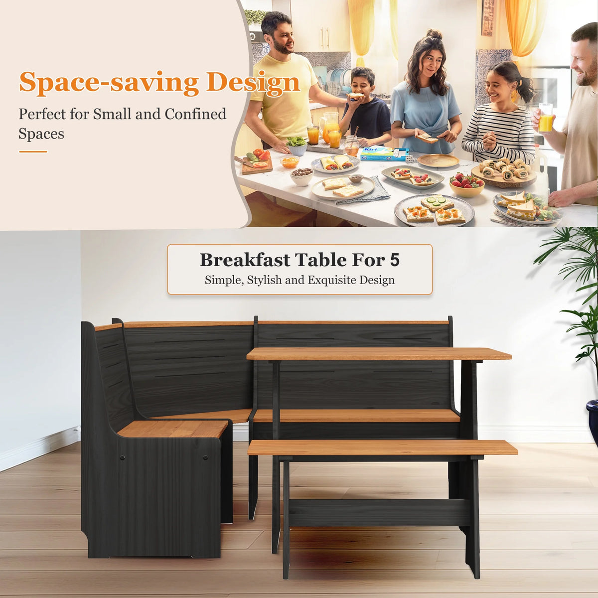 Breakfast Nook Kitchen Corner Dining Table Bench Chair Set, Space-Saving 3-4 Seat L-Shape Farmhouse Mid Century Modern Style for Family Home Black Wood