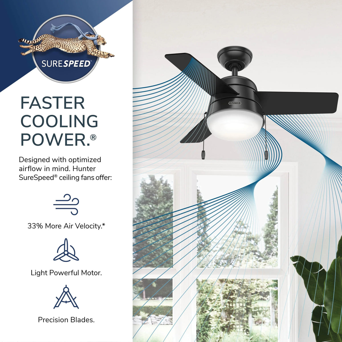Hunter - Aker Indoor Ceiling Fan With Light, 36-inch, Fresh White, Modern-style, 3-speed WhisperWind Motor, 59301, for Living Rooms, Bedrooms