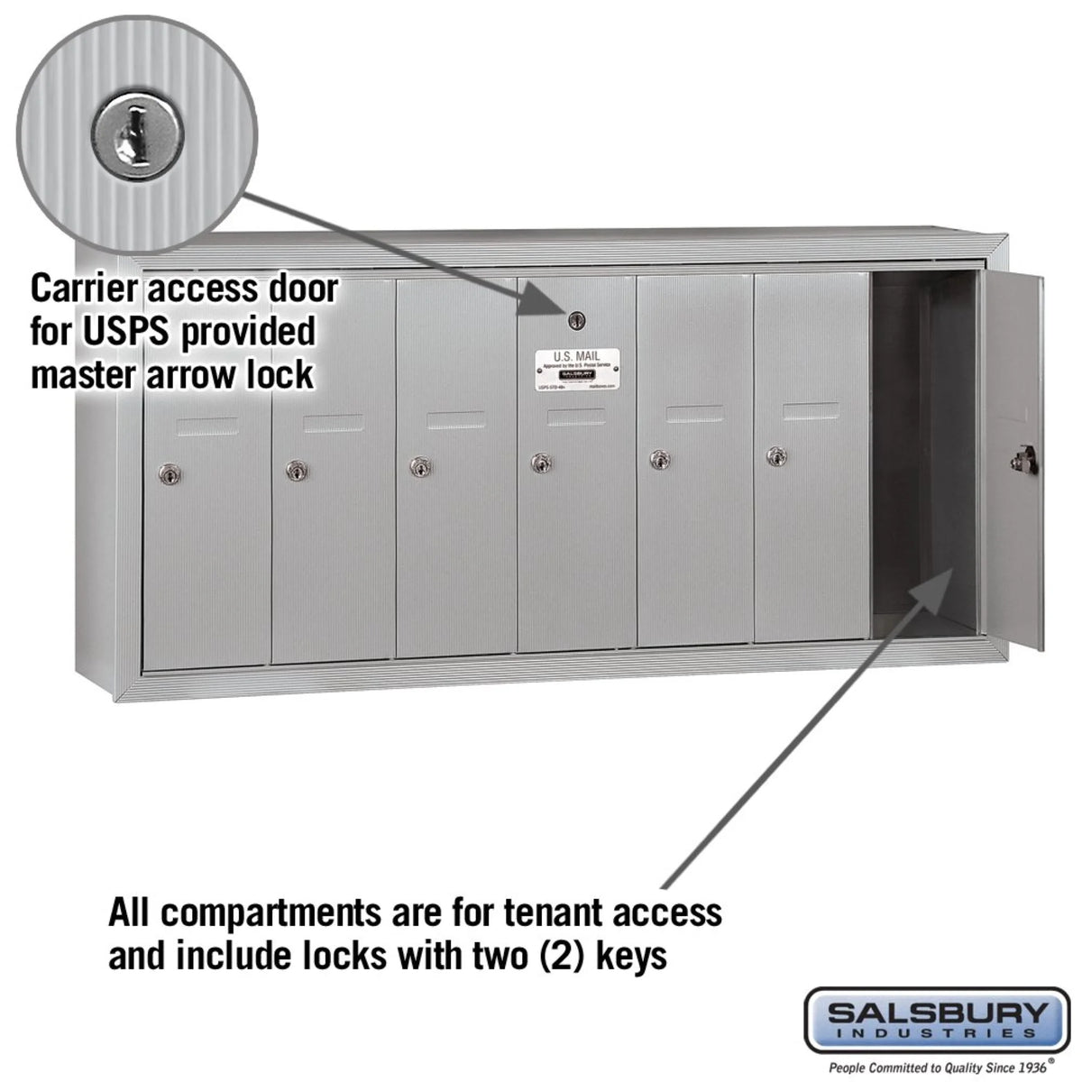 Salsbury Industries Vertical Mailbox,7 Doors,Alum 3507ASU