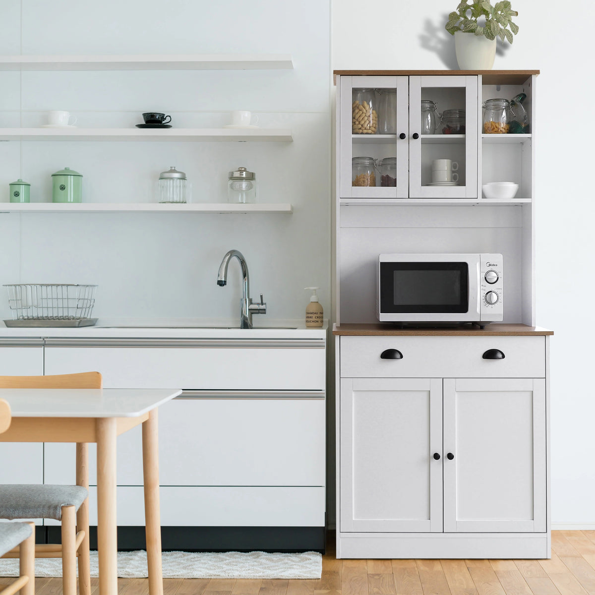 VEIKOUS 72"Kitchen Pantry Storage Cabinet Buffet with Shelves and Microwave Space, White