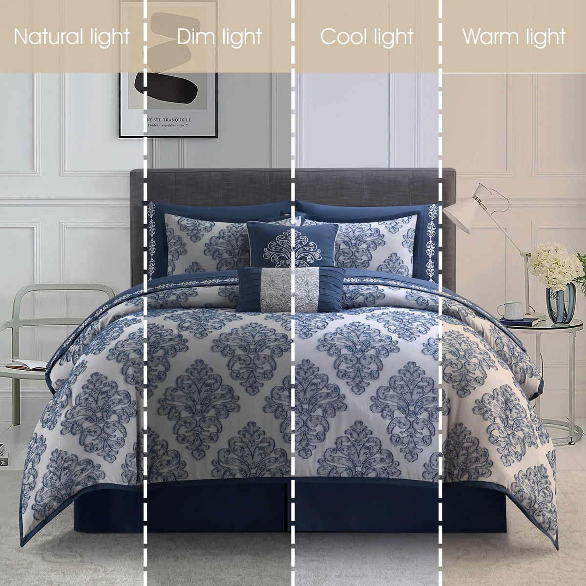 Lanco Smoke Grey Comforter Set California King Size, 9 Piece Jacquard Floral Bedding Set, All Season, Ultra-Soft, Matching Pillows & Shams, Bed Skirt